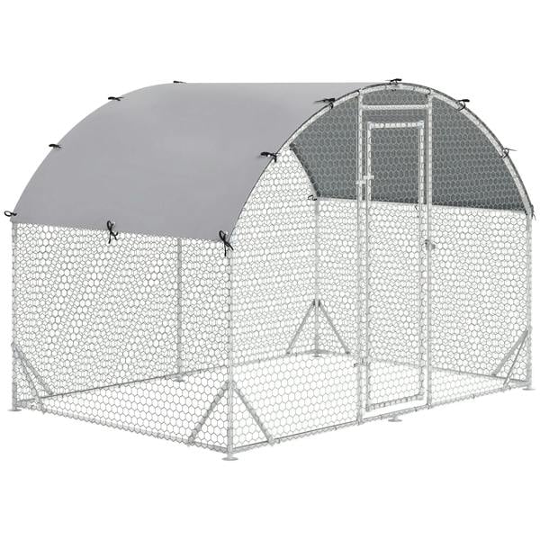 Galvanized chicken coop with silver hex mesh panels and arched water-resistant cover