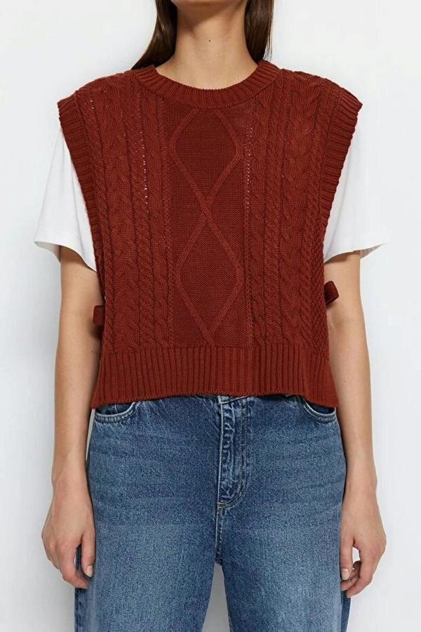 WOVCOR Crop Knit Sweater with Side Ribbon Tie Detail