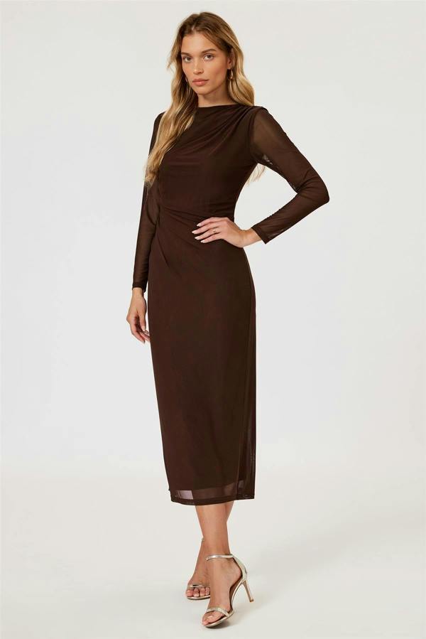 FS Collection Long Sleeves Mesh Midi Dress In Brown