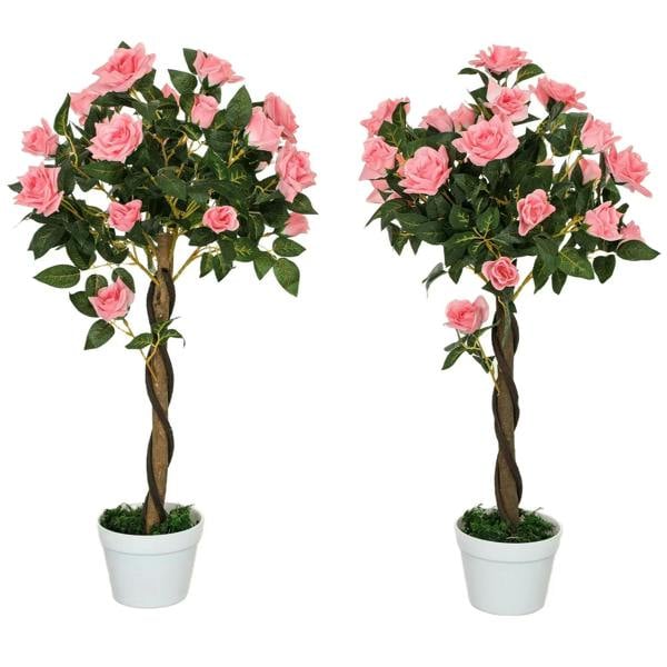 Set of 2 pink artificial rose plants in white square pots with green leaves