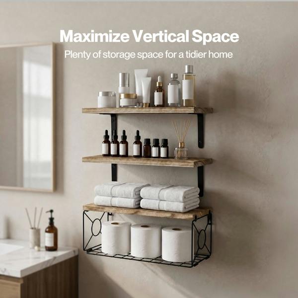 Levede Wood Floating Shelves 3 Tier Bathroom Wall Shelves with Storage Basket