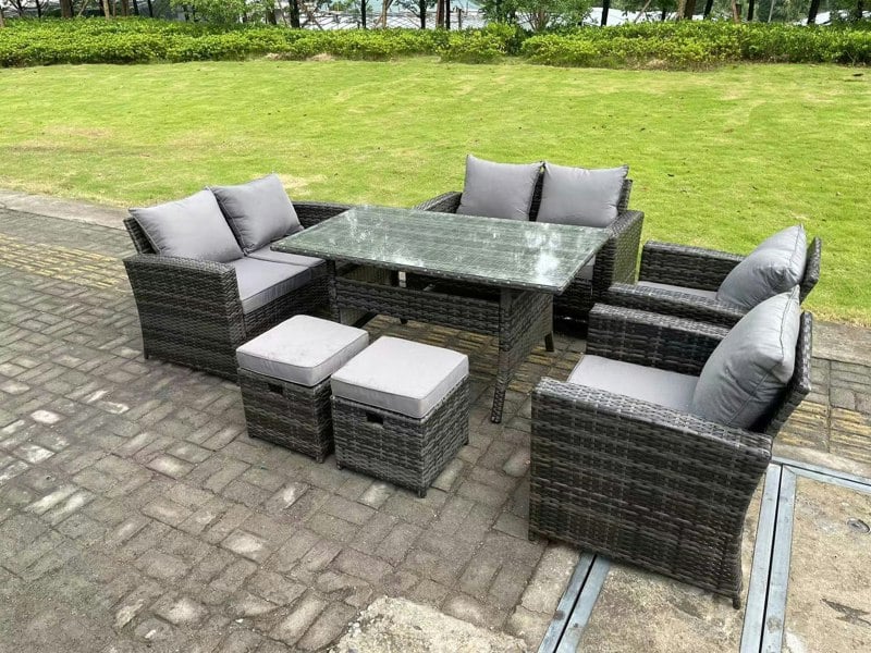 Fimous 8 Seater High Back Dark Grey Mixed Rattan Sofa Dining Table Set Garden Furniture Love Sofa Arm Chair Stools