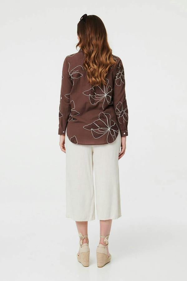 Brown | Floral Embroidered Detail Relaxed Shirt