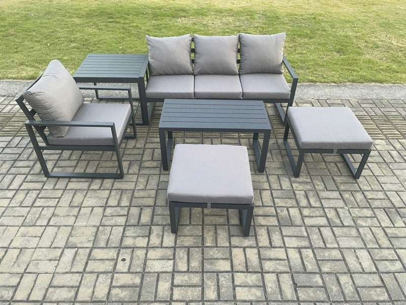 Fimous Aluminium 6 Pieces Garden Furniture Sofa Set with Cushions 6 Seater Outdoor Patio Set with Armchair 2 Big Footstools Side Table Dark Grey