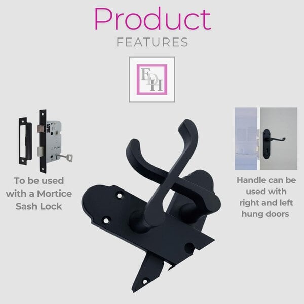 EDH Door Hardware Epsom Matt Black Door Handles, Internal Handles with Bathroom Sash Lock 170mm 2 Pairs