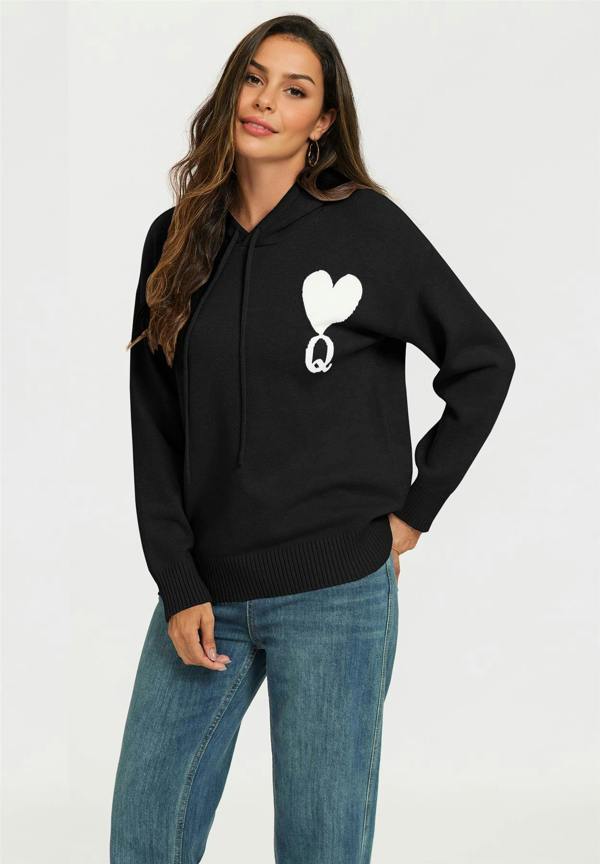 FS Collection Heart & Q word knitted hoodie In Black