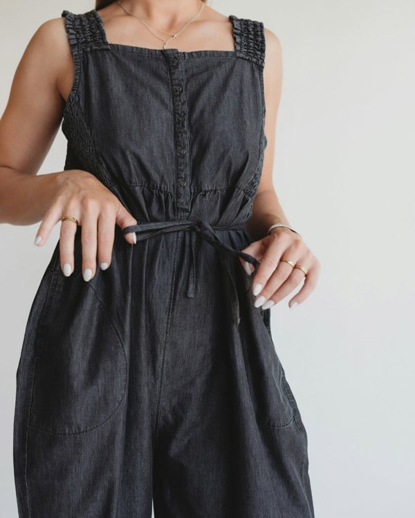 Alice Black Denim Smocking Strap Jumpsuit- image 6