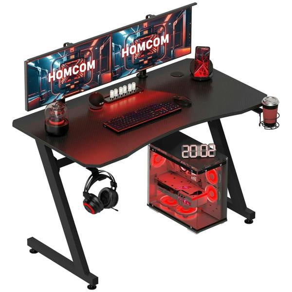 Black gaming desk with steel frame, cup holder, headphone hook, and cable organizer