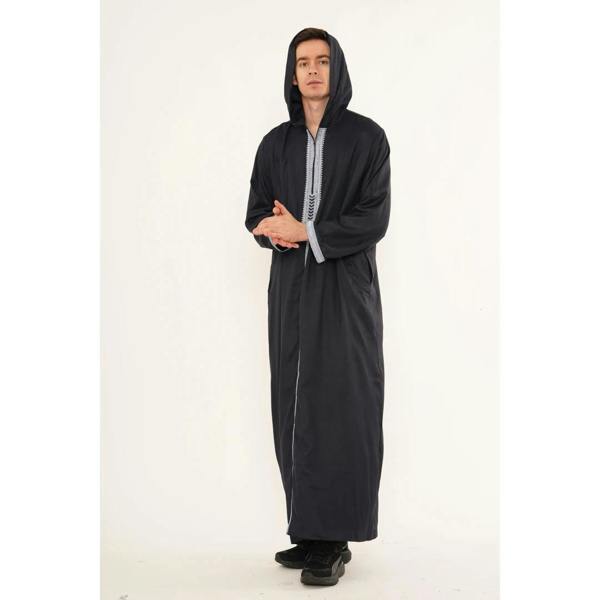 Men's Hooded Gandoura Embroidery Moroccan Thobe - Navy - Thobez - 12