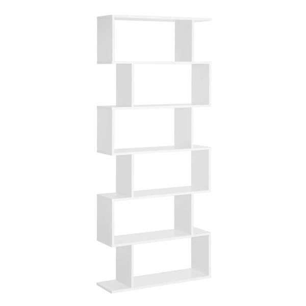 White S-shaped 6-tier bookshelf with open rectangular shelves and layered design