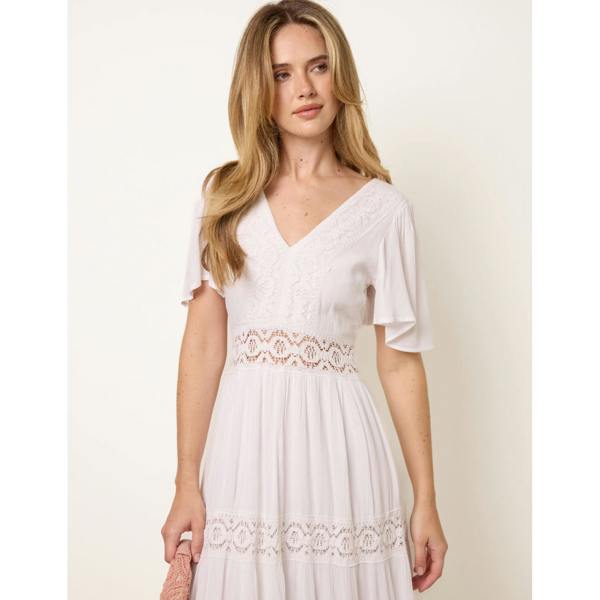 Blue Vanilla V-Neck Tiered Crochet Detail Maxi Dress