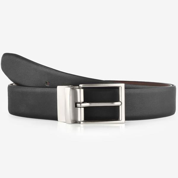 Black belt with a silver buckle on a white background
