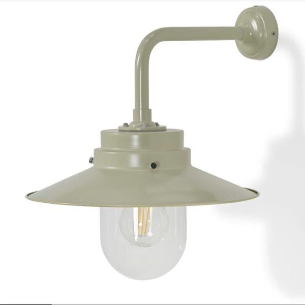 Side profile of the industrial steel HMS Belfast inspired outdoor deck light in Clay, showing the curved wall arm.