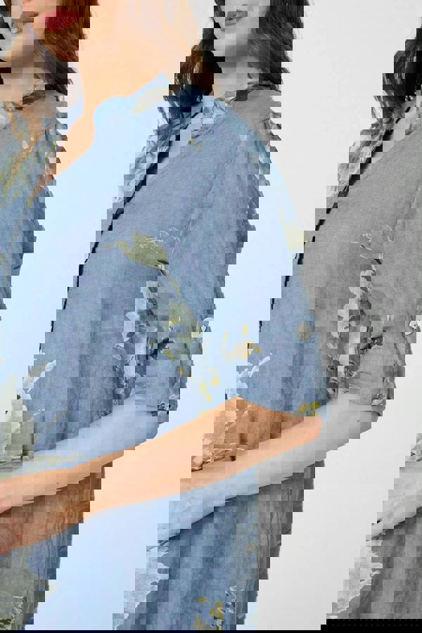 Blue | Floral Relaxed Turn-Up Sleeve Blouse
