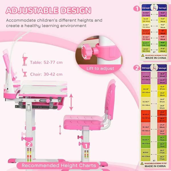 Adjustable height pink kids desk and chair set with lift mechanism for growing kids