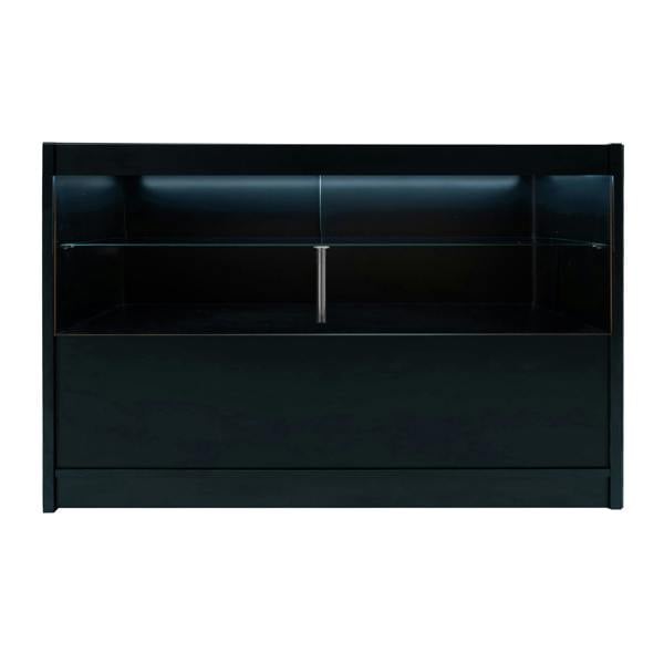 Black Phoenix LED shop counter set featuring sleek design, glass shelves, and modern lighting for retail display and organization
