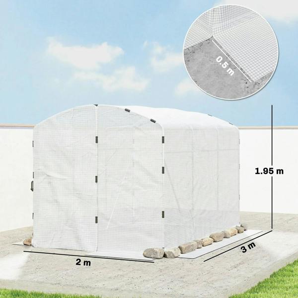 Walk-in greenhouse with white PE cover and steel frame, 2x2x2 m dimensions shown