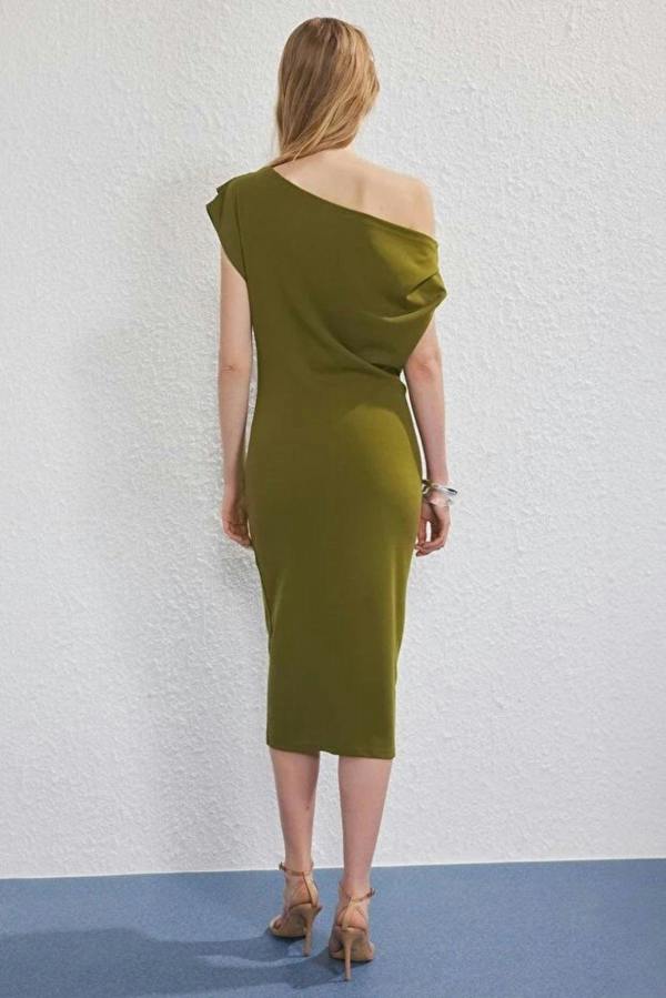 Hoxton Gal Midi Knit Dress with Ruched/Draped Detail