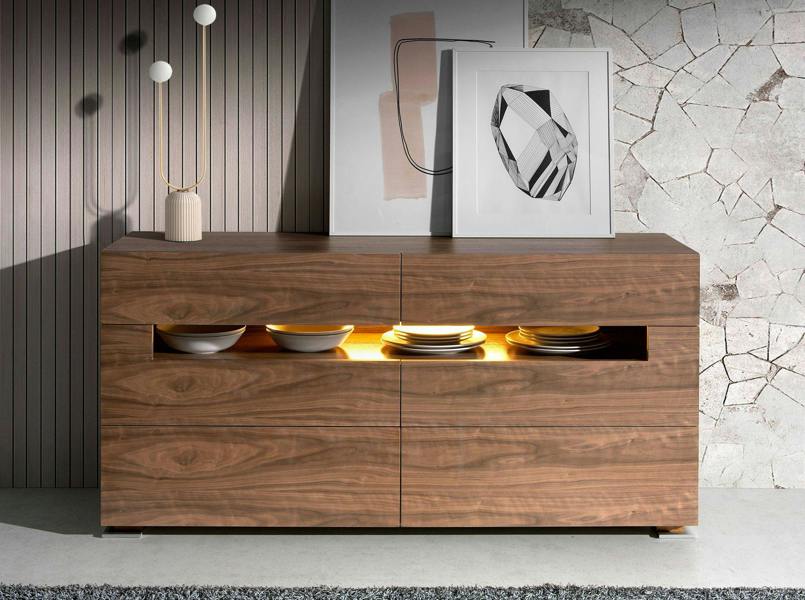 Angel Cerdá Sideboard Walnut and Polished Steel With Interior Lighting 7076