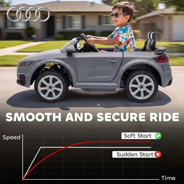 12V Audi TT RS Licensed Electric Car, Electric Ride On Toy with Remote Control, Dual Motors, 4-Wheel Suspension, Grey