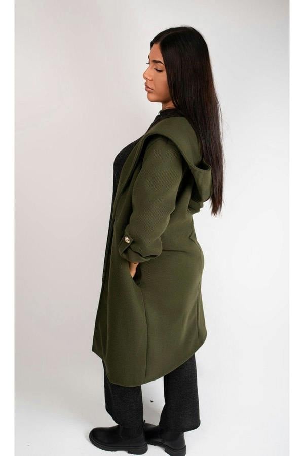 Meira Longline Hooded Coat With Rolled Sleeves - Khaki