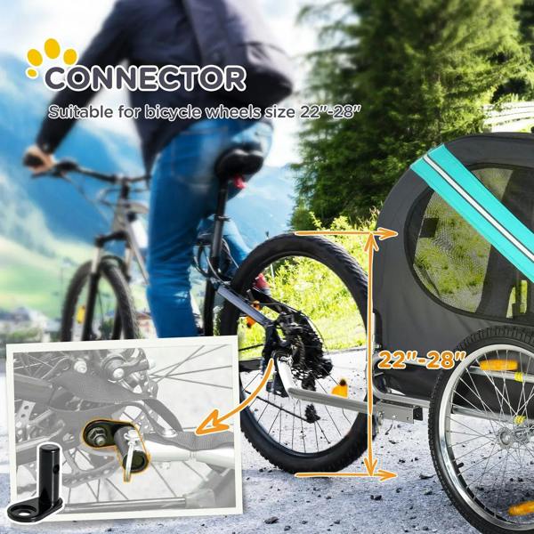 Bike trailer connector with wheel size guidance, teal trailer frame and wheel assembly