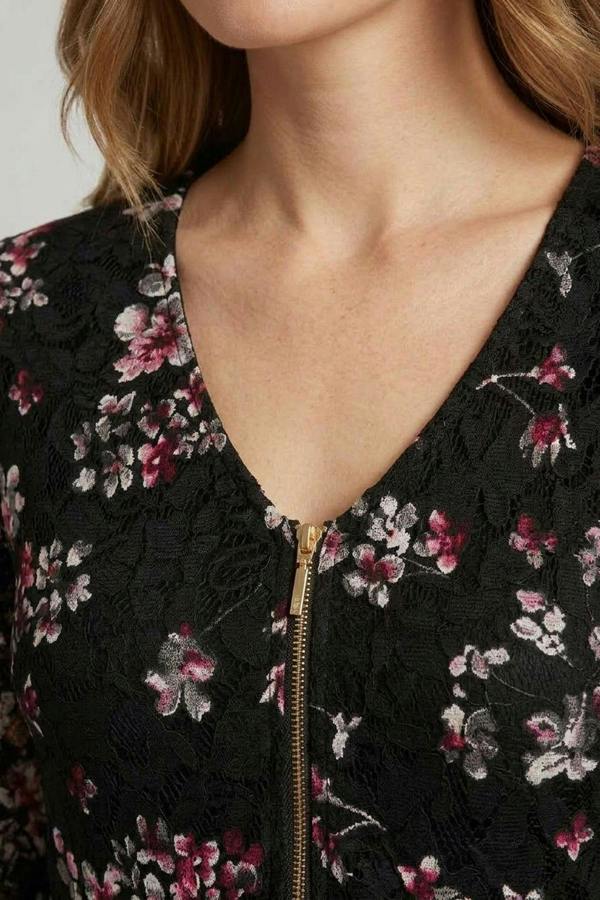 Black | Ditsy Floral Layered Zip V-Neck Top