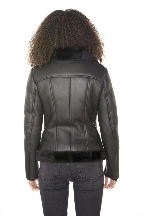 Infinity Leather Womens Black Shearling Sheepskin Aviator Jacket-Patchway