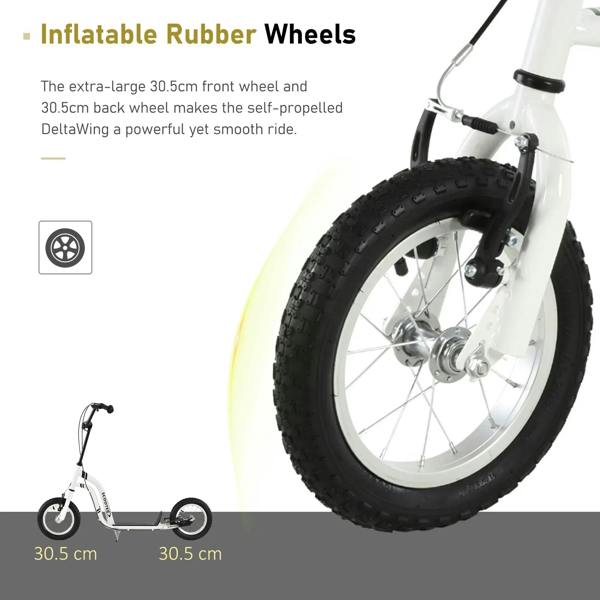 Front inflatable rubber wheel on white kick scooter frame with metal spokes