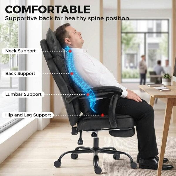 Executive Office Chair, Leathaire Big and Tall Office Chair 180 kg with Wide Seat, Reclining, Lumbar Support, Black