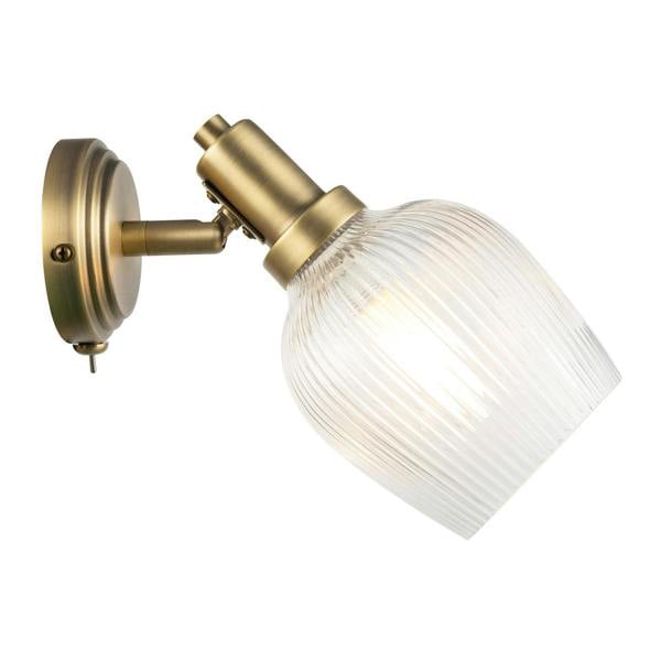 Classy Antique Brass Switched Wall Light with Clear Ribbed Glass Shade Image 4