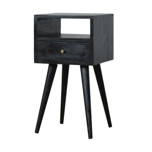 Wyld Haus Kood Mini Black Washed Mango Wood Bedside Table with Drawer and Open Shelf