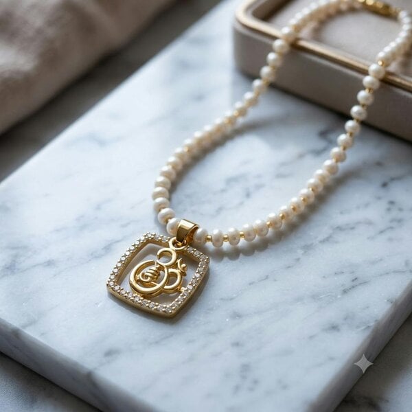 The Colourful Aura Square Pavé Om Pendant Necklace, Pearl Beaded, 18ct Gold Plated