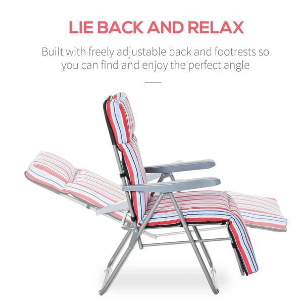 Reclining lounger chair with adjustable back and footrest, striped red, white, and blue cushions