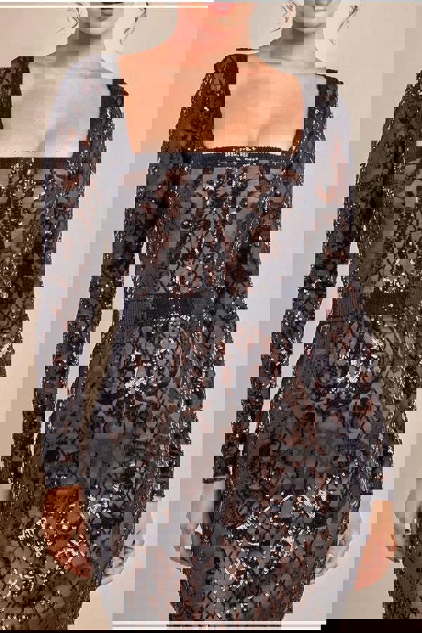 Sequin Square Neck Bodycon Midi Dress With Scalloped Hem - Black DR4123