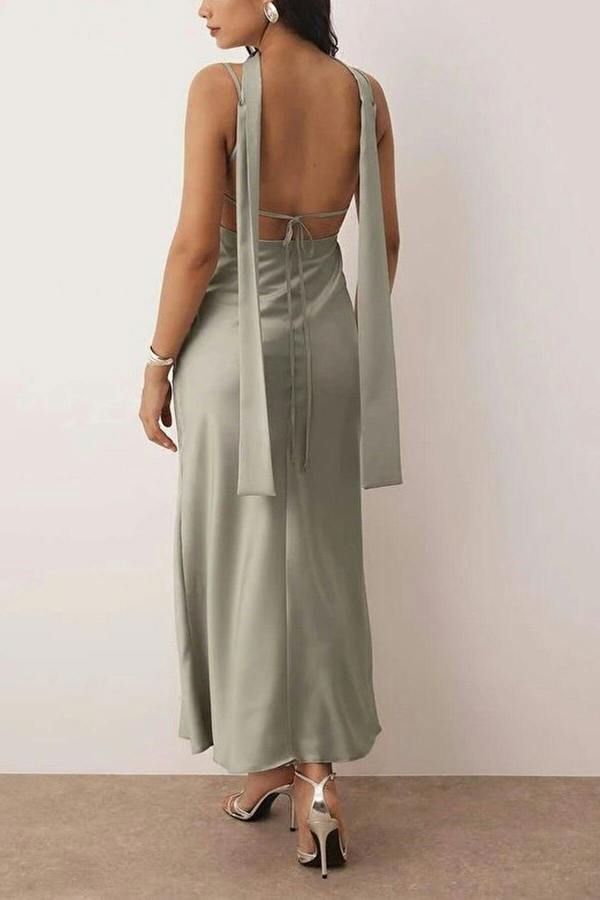 WOVCOR Scarf Detail Satin Maxi Dress with Strappy Design