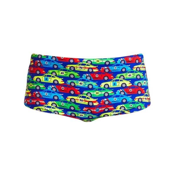 Funky Trunks Boys Car Stacker Sidewinder swim trunks with multicolored race car print