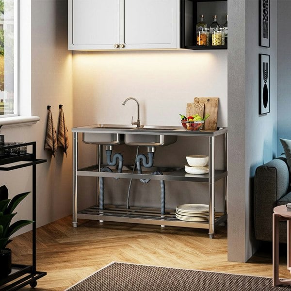 Steel Two Compartment Sinks with Shelves and Drainboard Living and Home