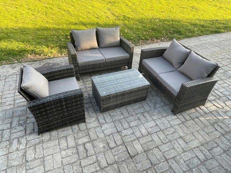 Fimous Wicker Rattan Garden Furniture Sofa Set with Rectangular Coffee Table Double Seat Sofa Chair 5 Seater Outdoor Rattan Set Dark Grey Mixed