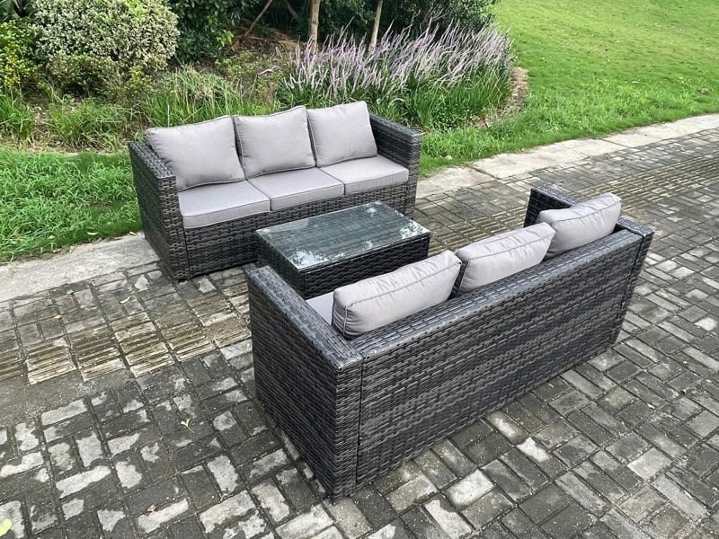 Fimous 6 Seater Rattan Garden Furniture Set Outdoor Patio Sofa Set with Oblong Table Dark Grey Mixed