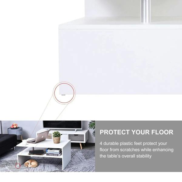 White coffee table with open shelf, aluminum legs with protective plastic feet