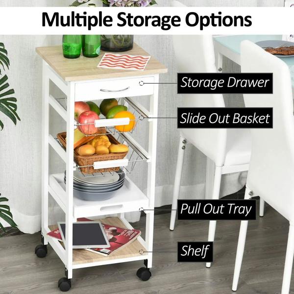 White kitchen trolley with storage drawer, slide-out baskets, and pull-out tray