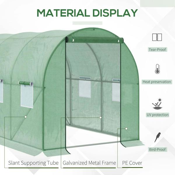 Green greenhouse tent close-up showing PE cover fabric and galvanized metal frame supports