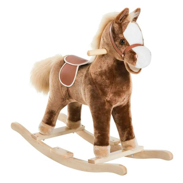 Brown plush rocking horse with wooden rocker base and white-trimmed saddle