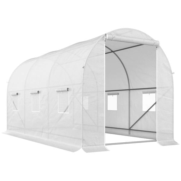 White walk-in polytunnel greenhouse with double doors and arched metal frame