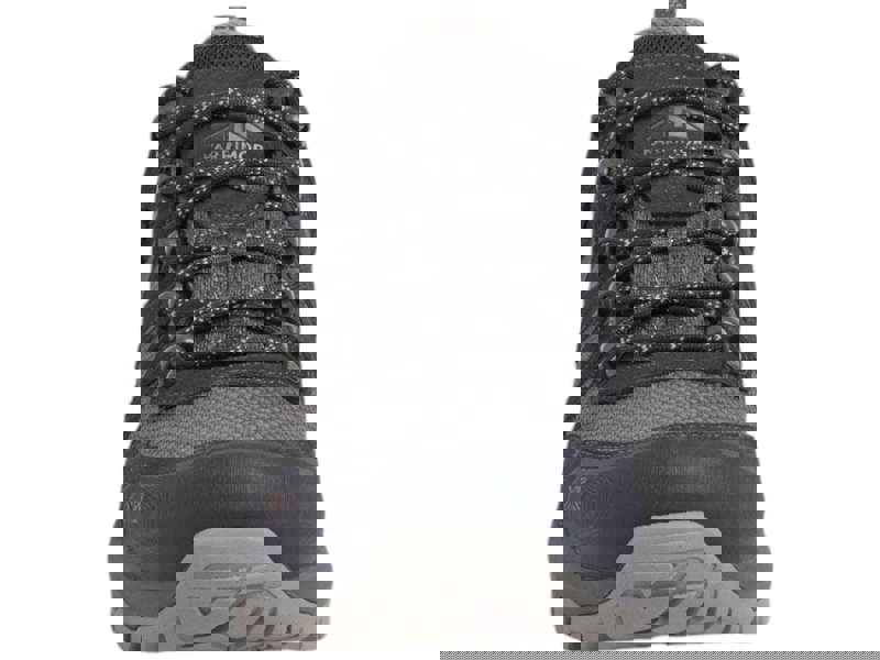 Karrimor Bodmin Low 6 Mens Walking Hiking Trekking Trainers, front view of the outdoor footwear showing durable gray and black design with sturdy sole and laced closure.