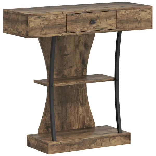 Rustic brown industrial console table with drawer, lower shelf, and sturdy black legs