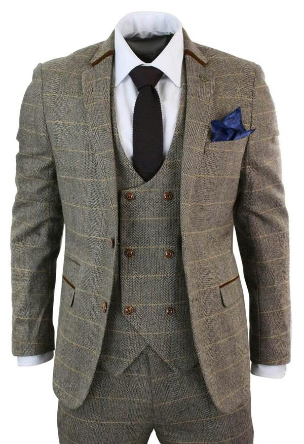 Marc Darcy Mens 3 Piece Tan Herringbone Tweed Check Suit
