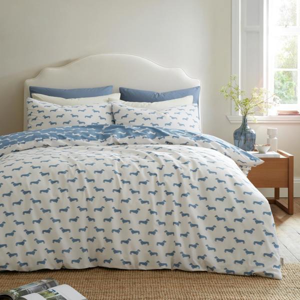 Emily Bond Peggy Dachshund Cotton Reversible Duvet Cover Set Cream / Blue
