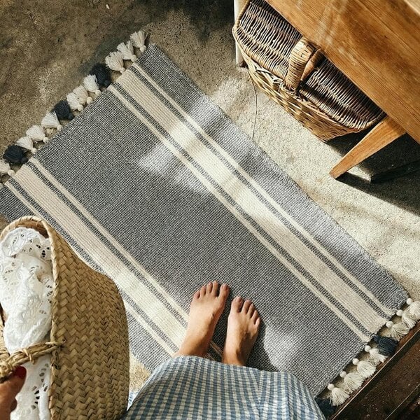 Cotton and Olive Concept Cotton Mat with Tassels, Smoke | SECONDS